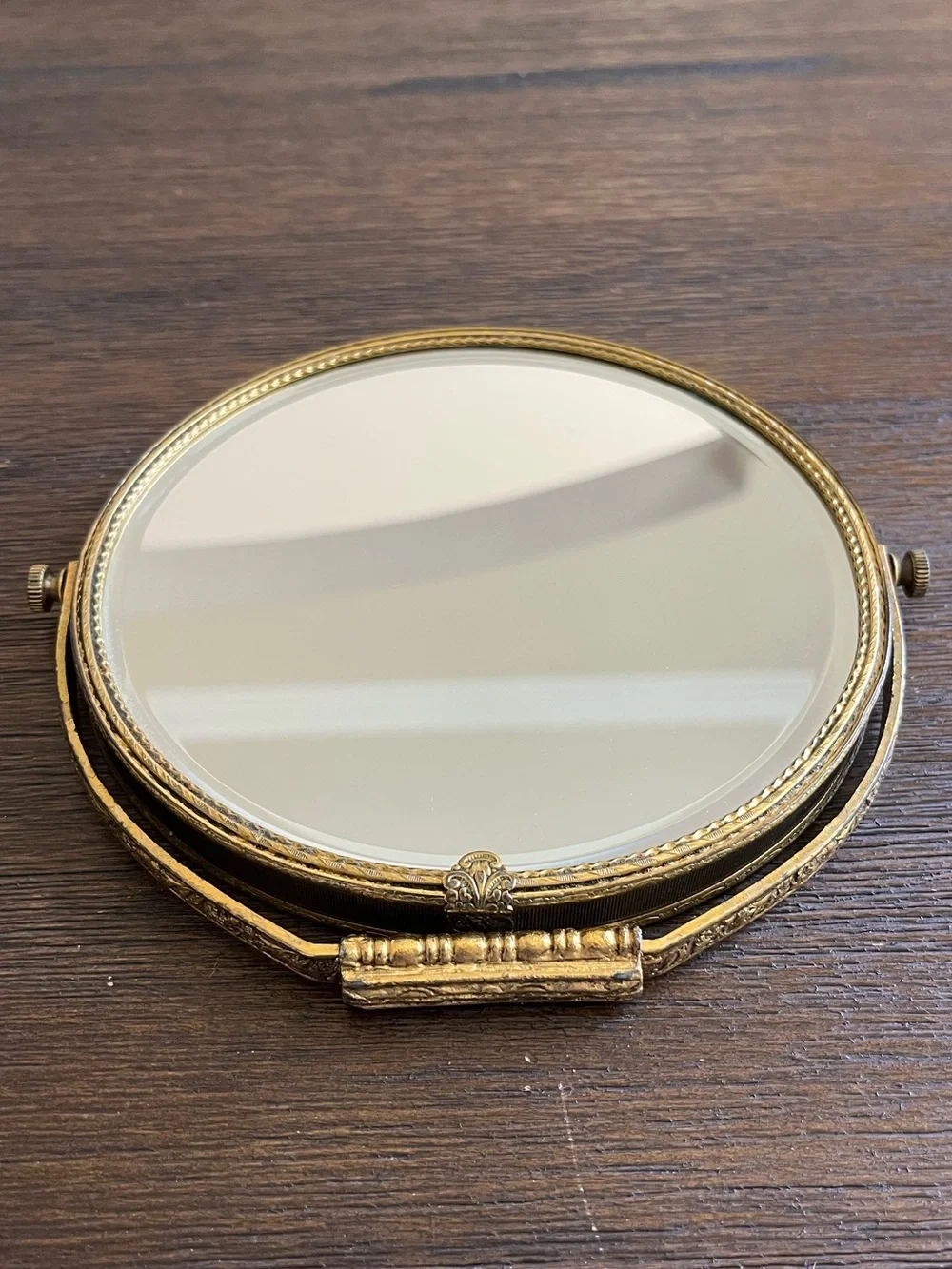 Vintage | Gold Brass Filagree Hinged Vanity Mirror | Double-Sided | Beveled